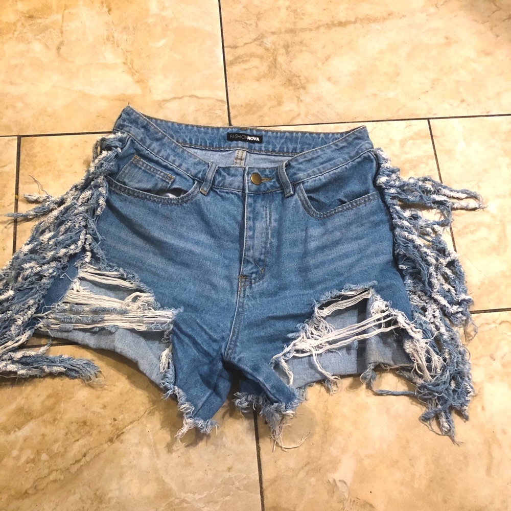 Denim fringe shorts